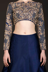 Navy Blue Silk Lehenga And Embriodery Top With Net Dupatta