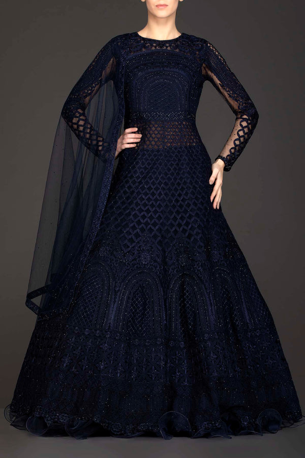 Navy Blue Net Anarkali/Gown With Georgette Skirt And Net Dupatta