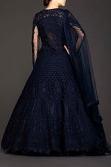 Navy Blue Net Anarkali/Gown With Georgette Skirt And Net Dupatta