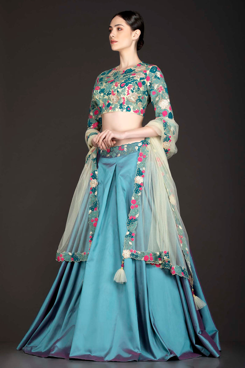 Blue Colour Silk Box Pleat Skirt With Gold Net Top And Dupatta