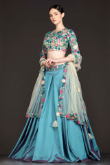 Blue Colour Silk Box Pleat Skirt With Gold Net Top And Dupatta