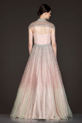 Peach To Mint Net Ombre Gown With A Separate Shoulder Cape