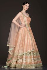 Peach Colour Silk Anarkali/Gown With Front Slit And Attached Skirt With Net Dupatta