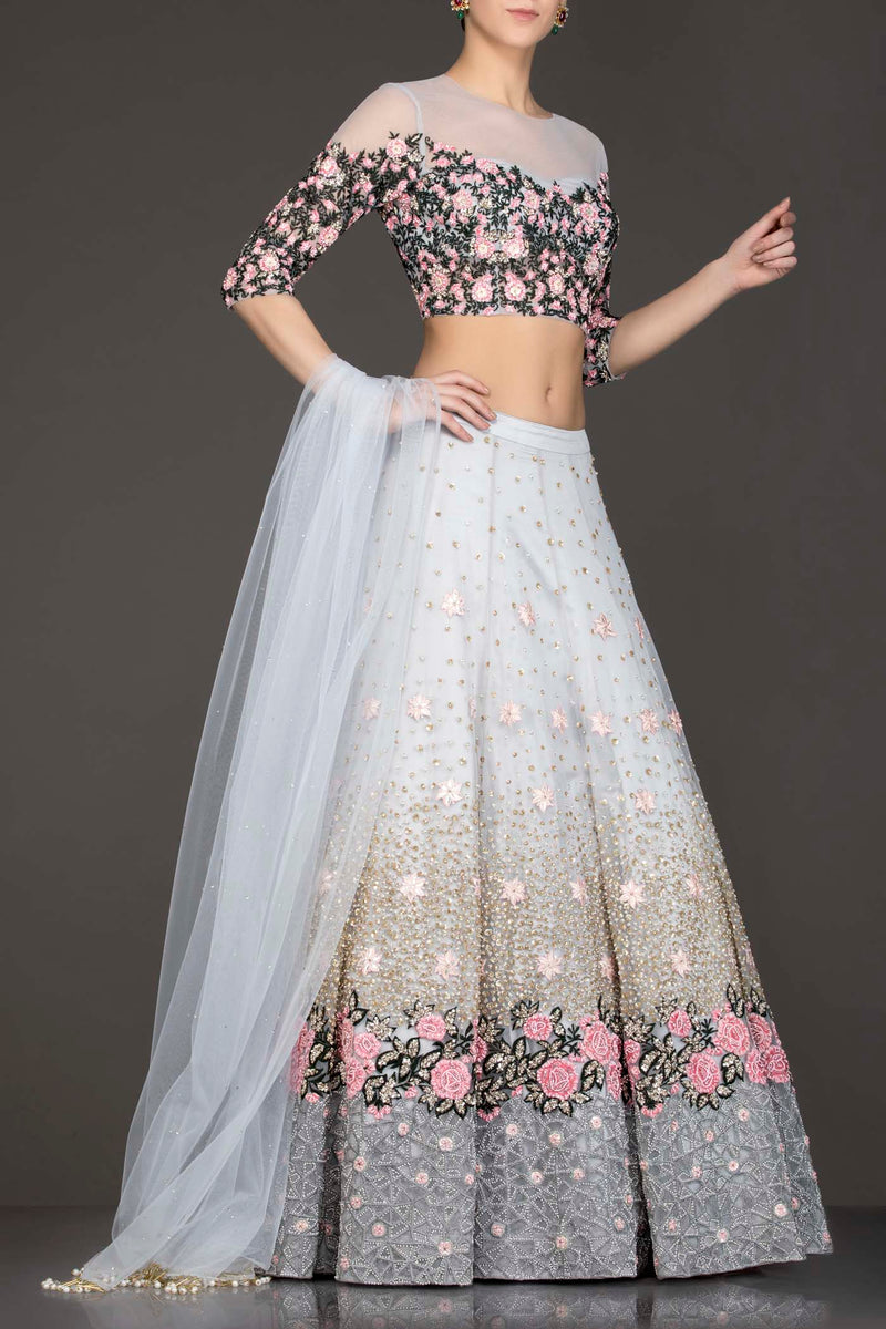 Light Grey Colour Net Lehenga Top Dupatta With Black And Pink Thread Work And Sequence Highlighting