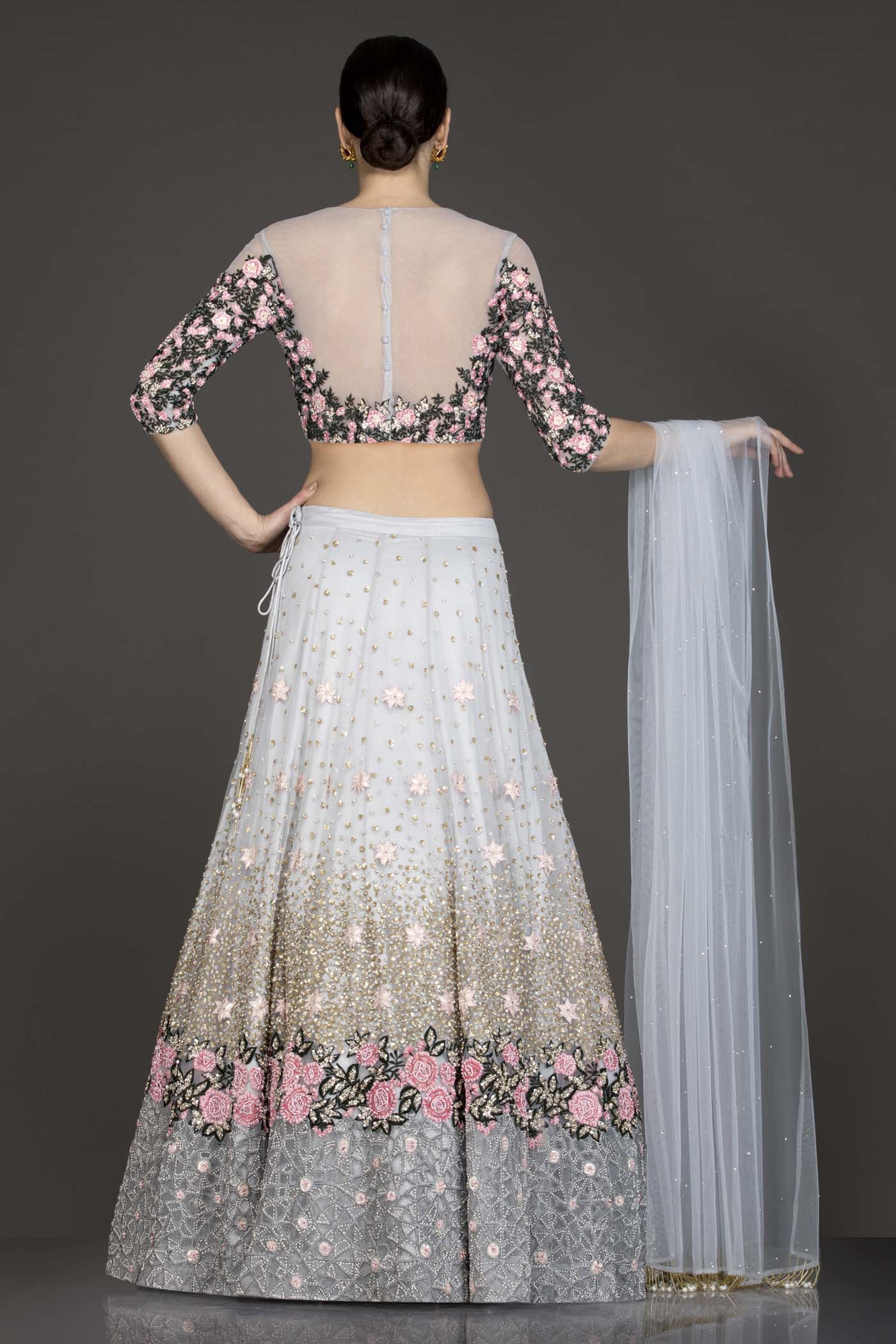 Light Grey Colour Net Lehenga Top Dupatta With Black And Pink Thread Work And Sequence Highlighting