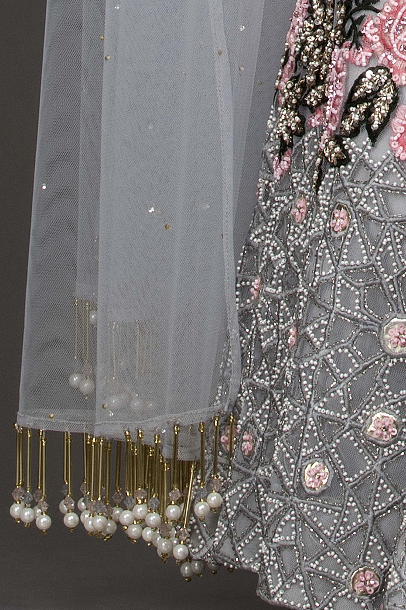 Light Grey Colour Net Lehenga Top Dupatta With Black And Pink Thread Work And Sequence Highlighting