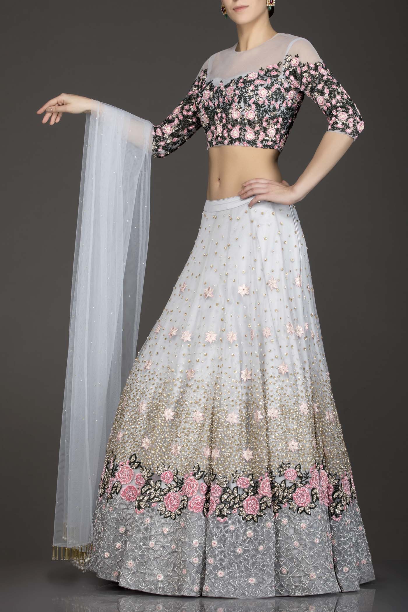 Light Grey Colour Net Lehenga Top Dupatta With Black And Pink Thread Work And Sequence Highlighting