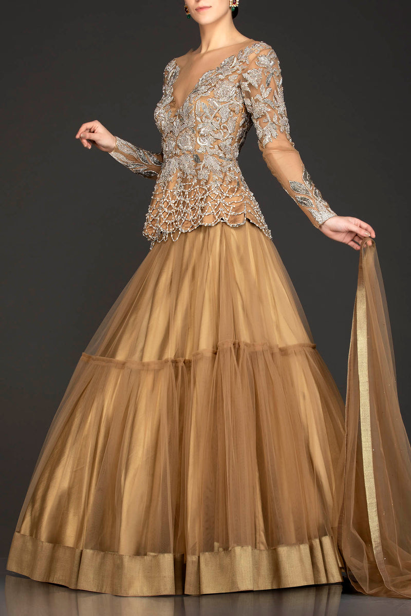 Dark Gold Colour Net Peplum And Skirt With Dabka Work And Tassels