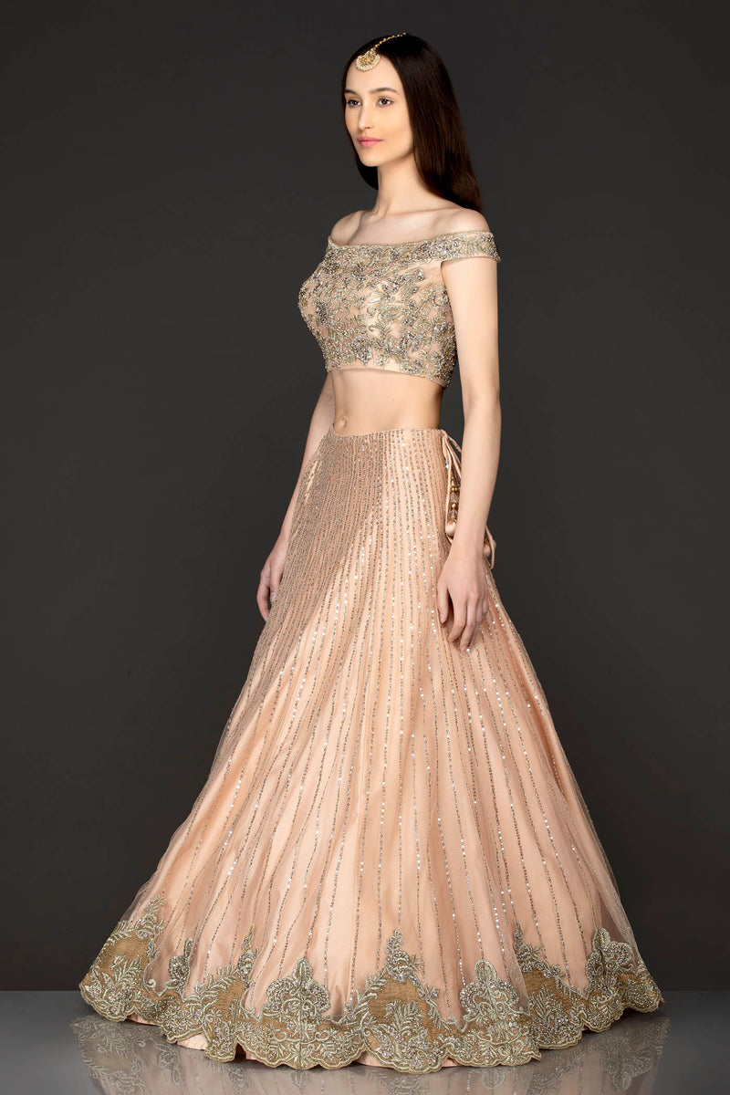 Nude Colour Net Off Shoulder Top And Skirt With Net Dupatta Gold Zari And Sequence Embroidery