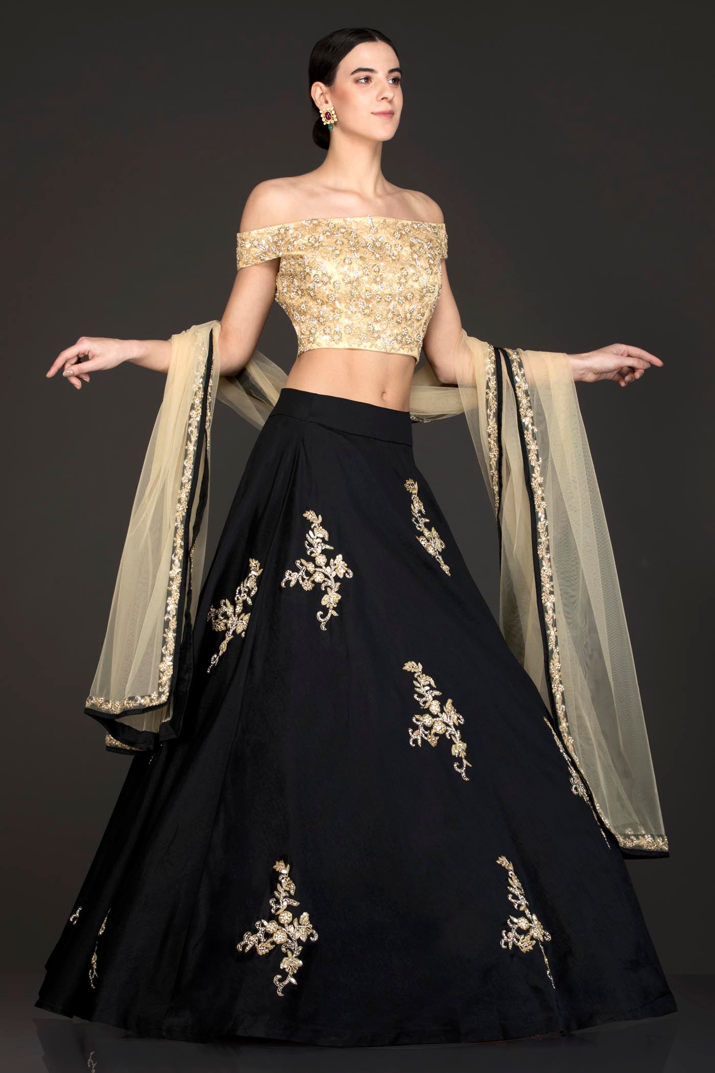 Gold Net Top With Black Silk Skirt With Gold Dupatta Adorned With Hand Embellishment