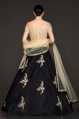 Gold Net Top With Black Silk Skirt With Gold Dupatta Adorned With Hand Embellishment