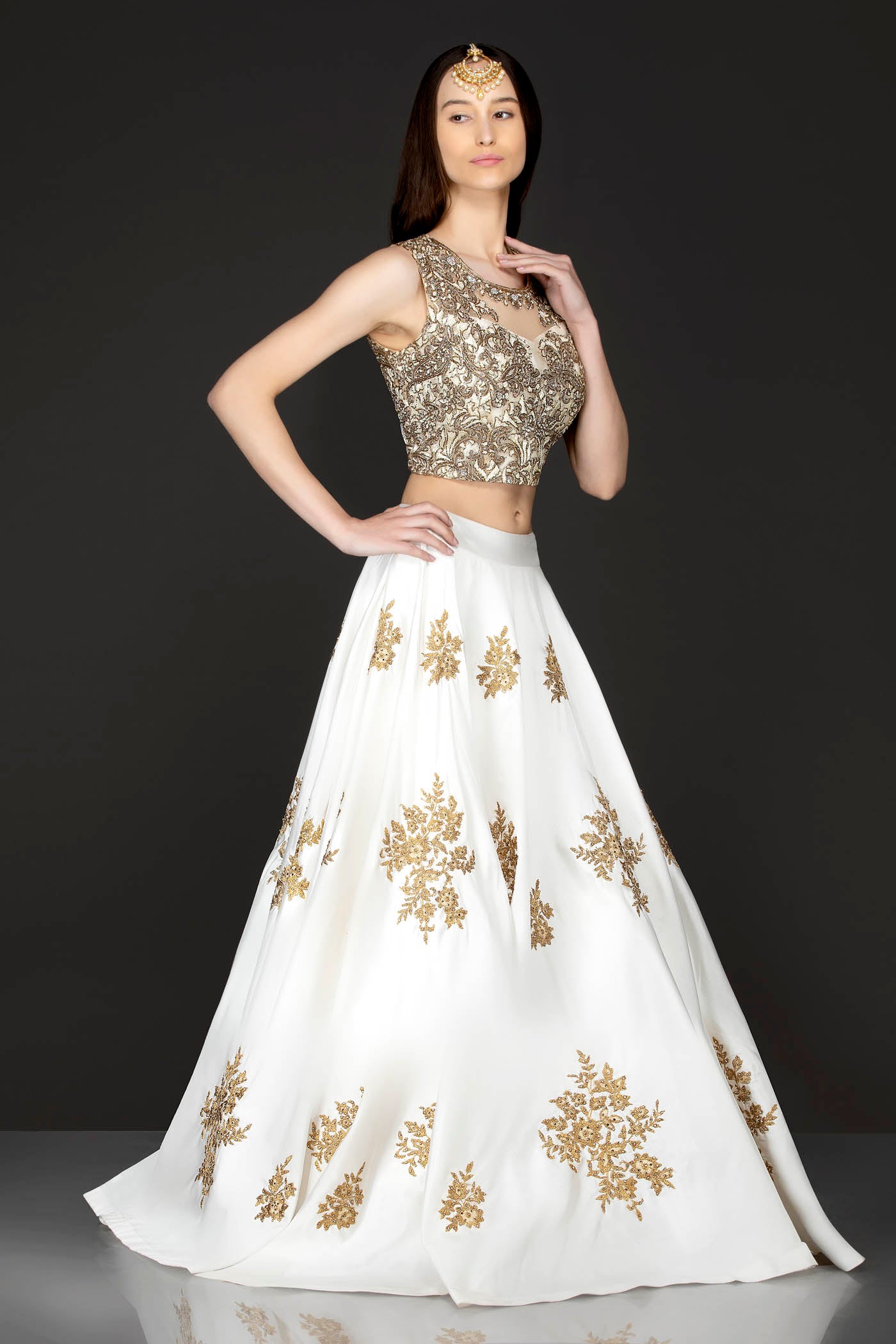 Ivory Silk Skirt And Gold Net Top With Gold Dabka And White Thread Embroidery