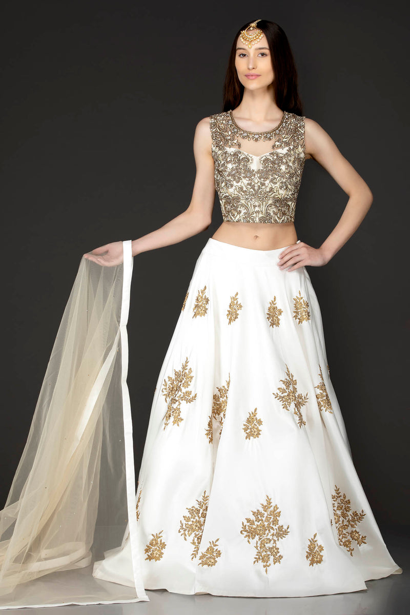 Ivory Silk Skirt And Gold Net Top With Gold Dabka And White Thread Embroidery