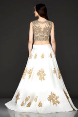 Ivory Silk Skirt And Gold Net Top With Gold Dabka And White Thread Embroidery