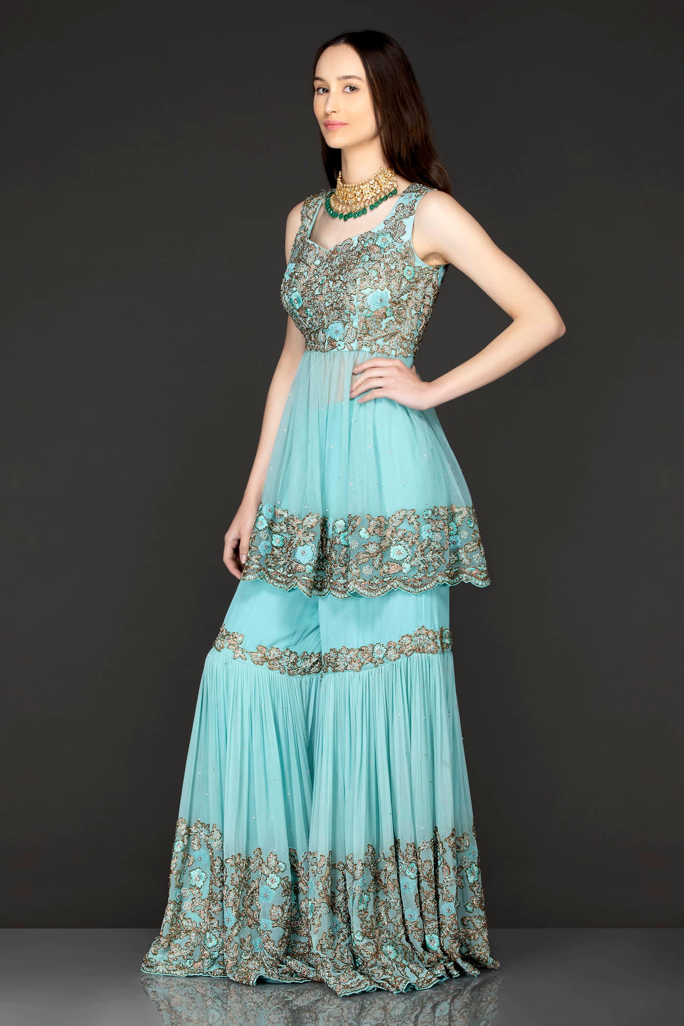 Sky Blue Peplum Net Top With Georgette Sharara And Net Dupatta