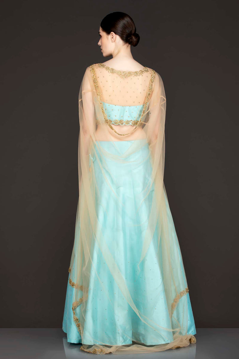 Ferozi Blue Silk Skirt Paired With A Gold Net Cape