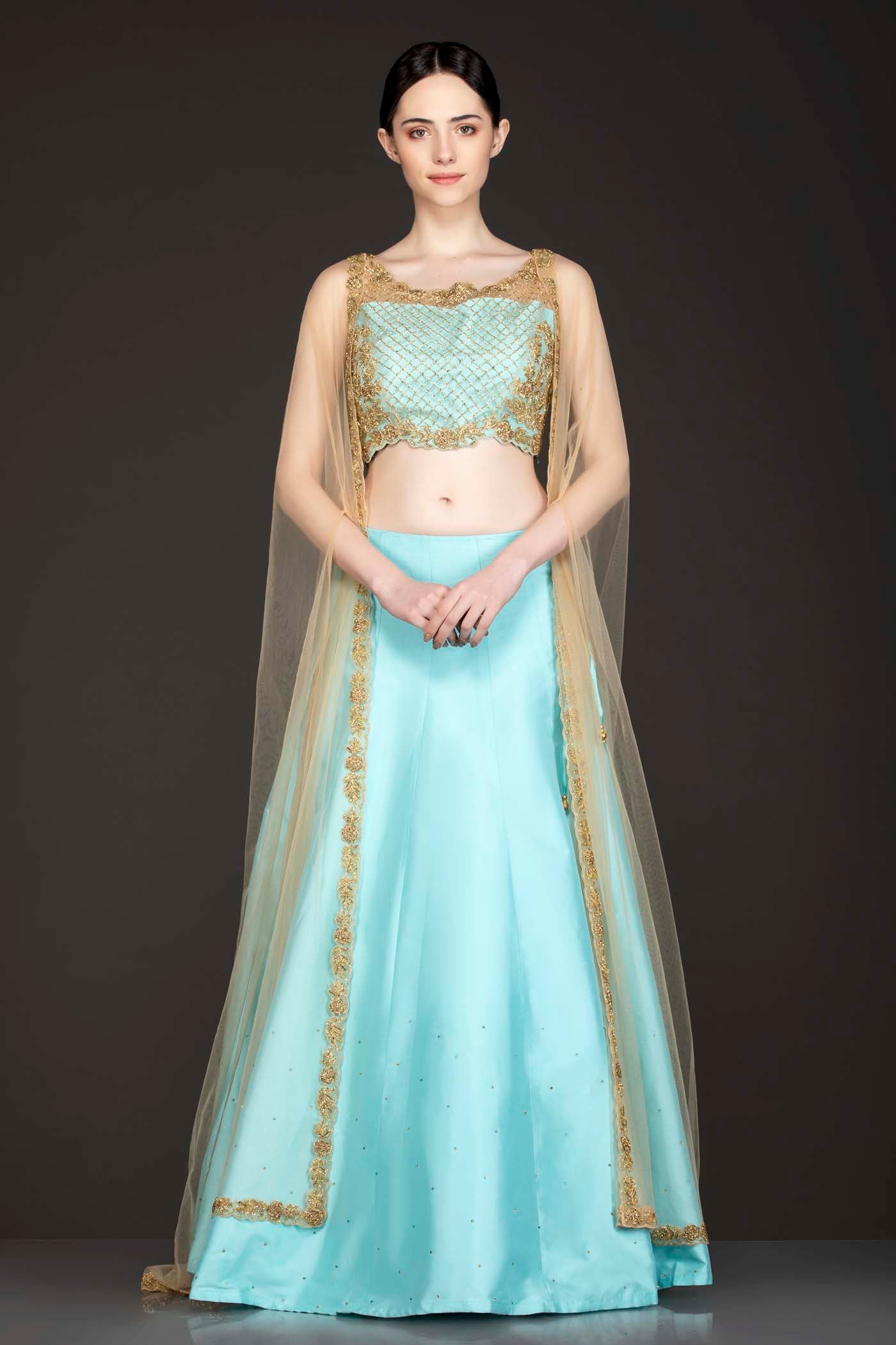 Ferozi Blue Silk Skirt Paired With A Gold Net Cape