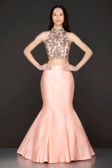 Peach Halter Neck Top With Silk Fish Cut Silk With Box Pleats In The Ghera