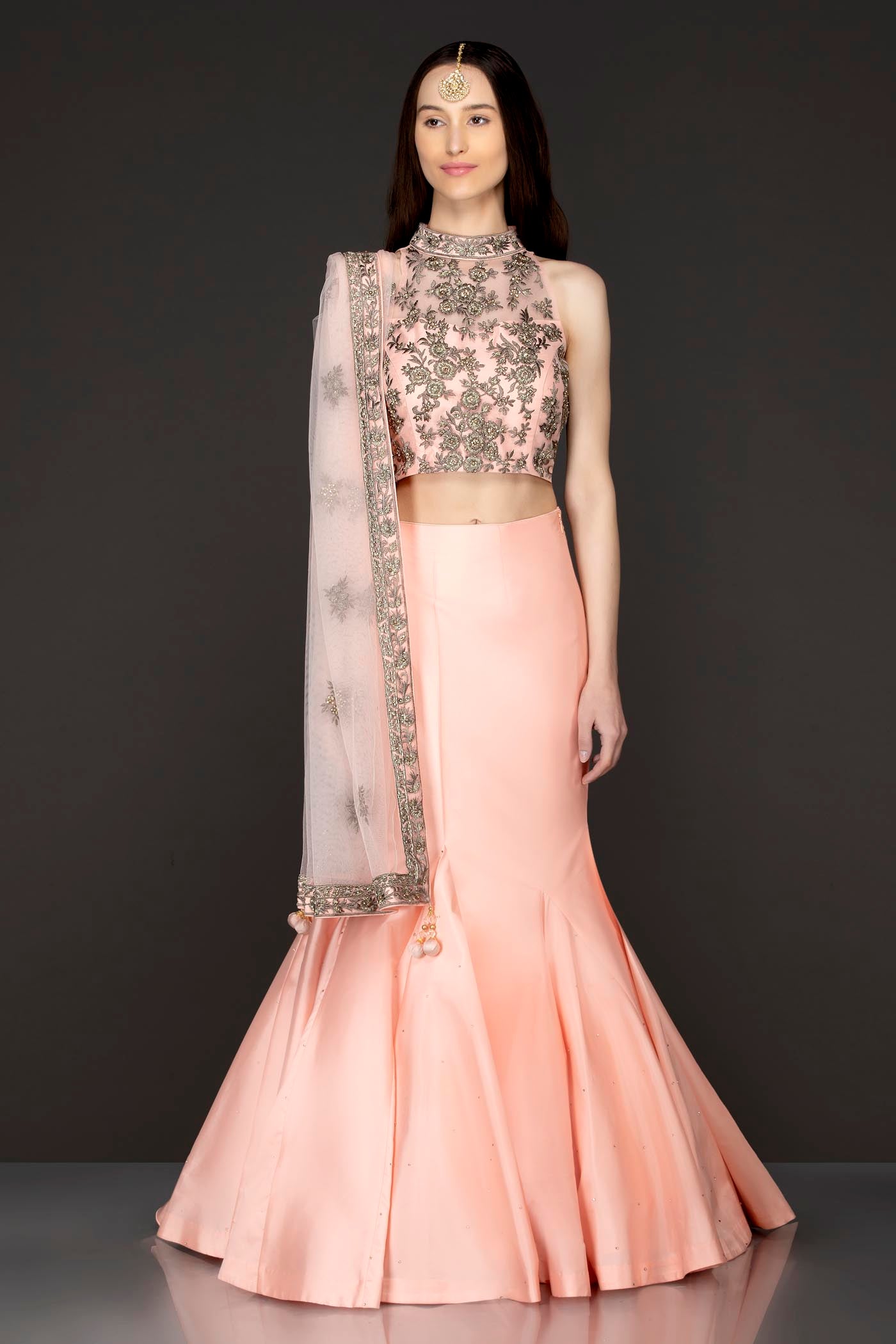 Peach Halter Neck Top With Silk Fish Cut Silk With Box Pleats In The Ghera