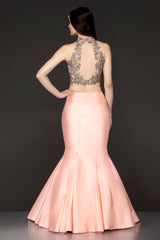Peach Halter Neck Top With Silk Fish Cut Silk With Box Pleats In The Ghera