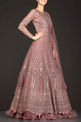 Dusty Pink Net Anarkali/Gown With Net Skirt And Net Dupatta With Thread Work