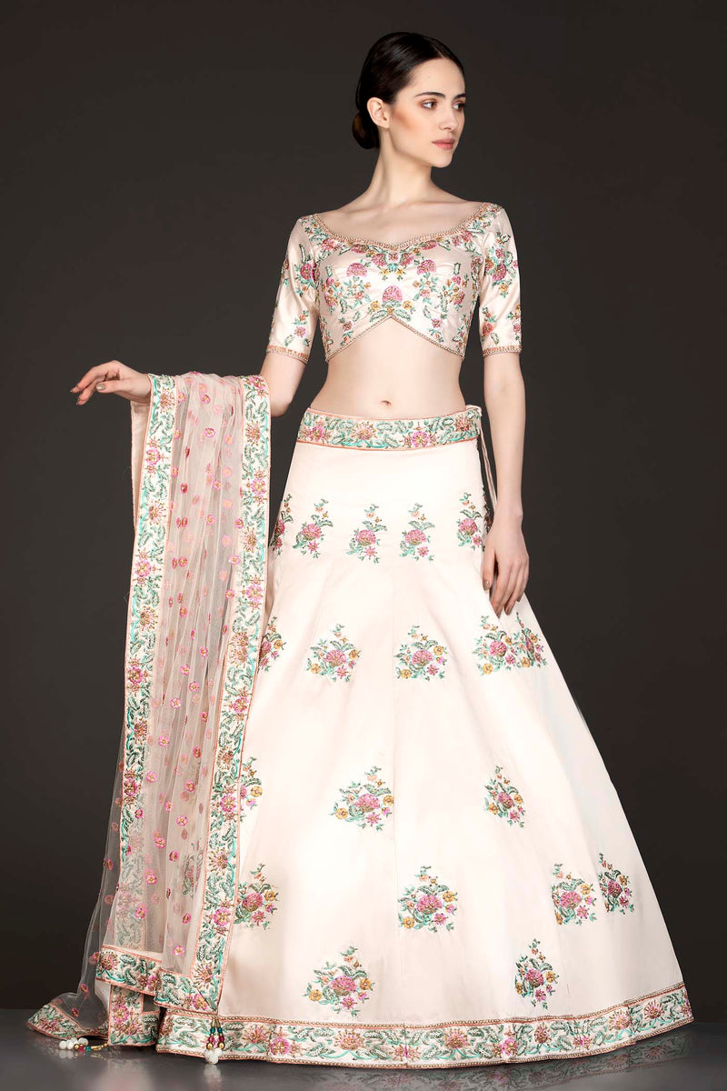 Gold Colour Silk Lehenga And Top With Peach Net Dupatta With Peach And Mint Thread Embroidery