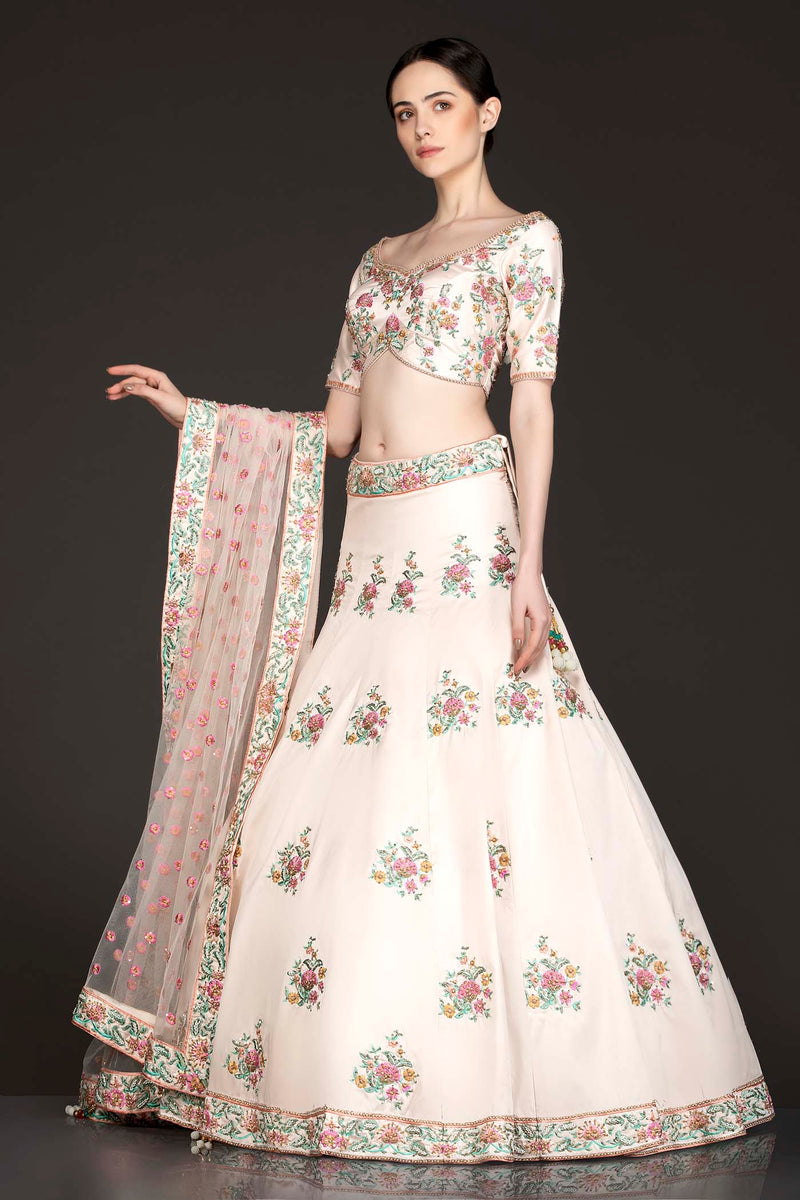 Gold Colour Silk Lehenga And Top With Peach Net Dupatta With Peach And Mint Thread Embroidery
