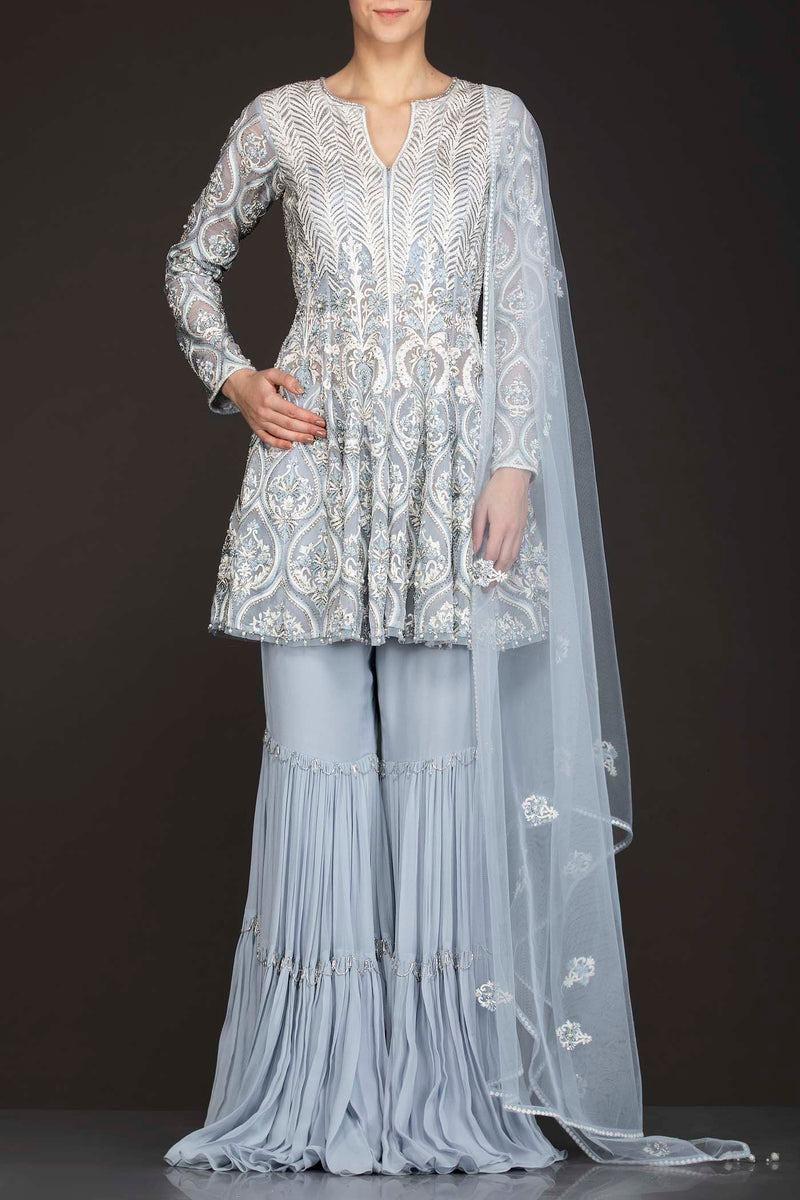 Grey Organza Peplum Top With Frill Grey Sharara And Net Dupatta With White Resham Embroidery