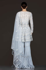 Grey Organza Peplum Top With Frill Grey Sharara And Net Dupatta With White Resham Embroidery