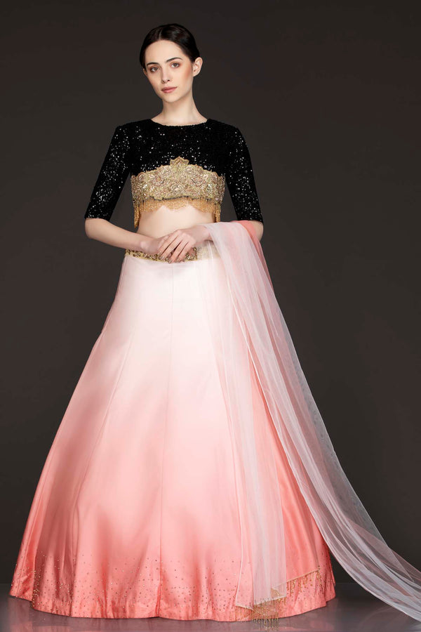 Black To Gold Ombre Net Top With Sequin Embroidered Light To Dark Peach Ombre Skirt