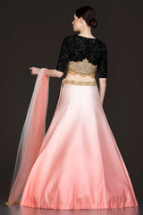 Black To Gold Ombre Net Top With Sequin Embroidered Light To Dark Peach Ombre Skirt