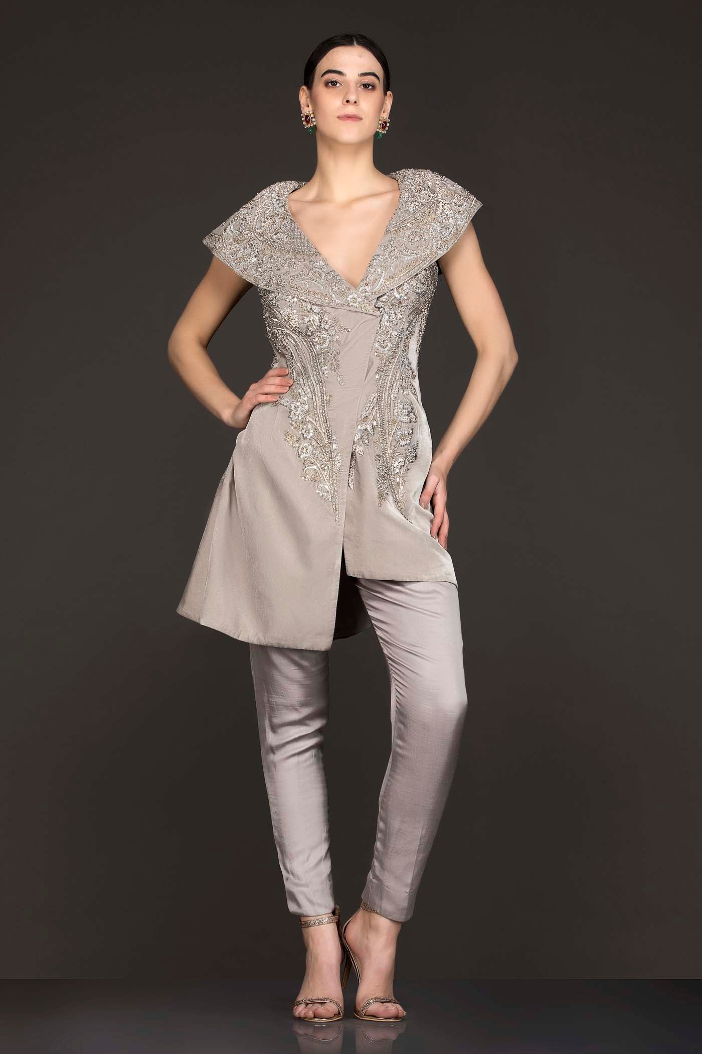 Grey Suede Asymmetric Peplum Jacket Top With Satin Georgette Pants