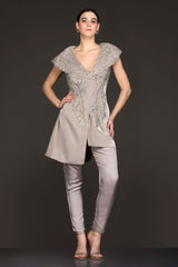 Grey Suede Asymmetric Peplum Jacket Top With Satin Georgette Pants
