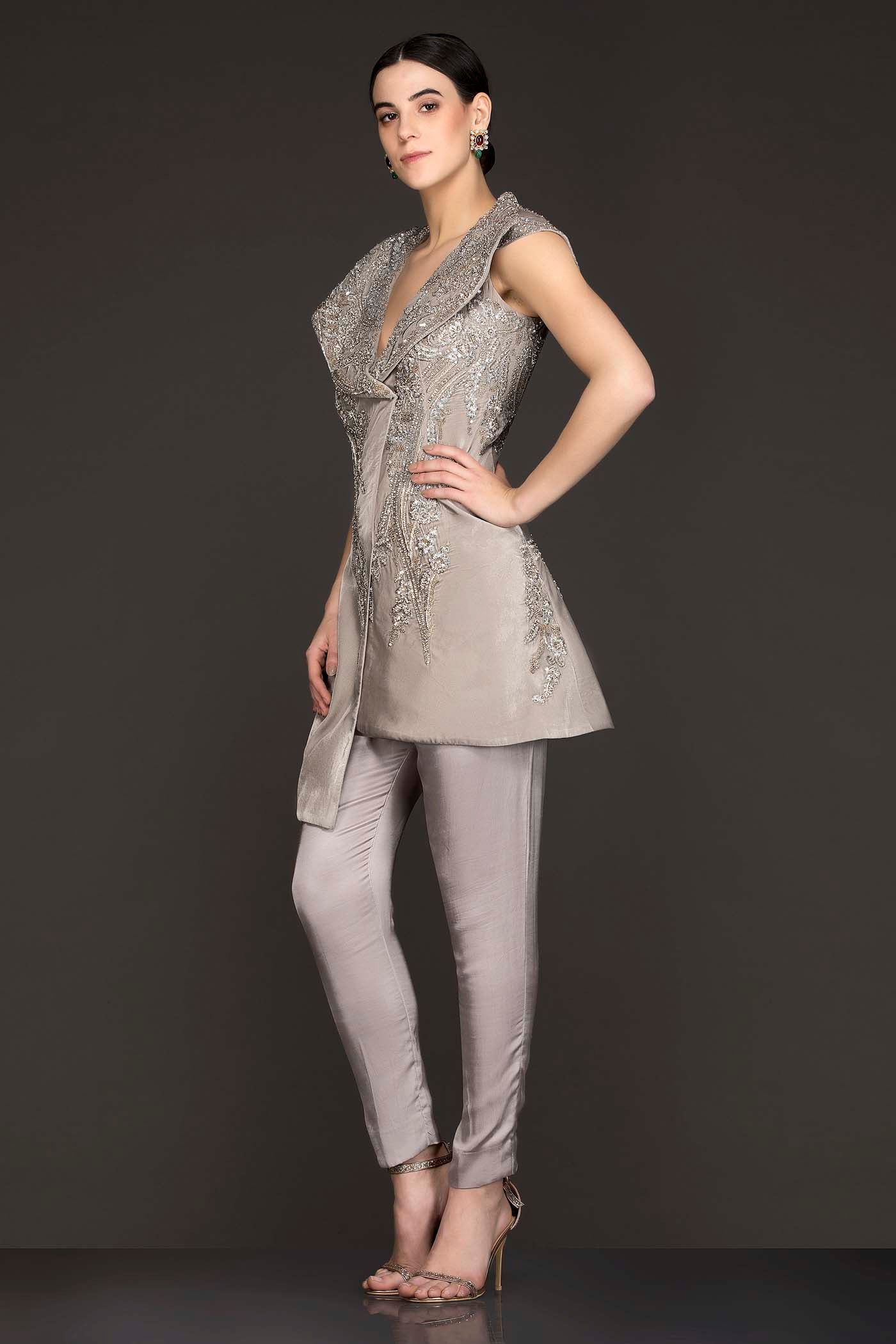 Grey Suede Asymmetric Peplum Jacket Top With Satin Georgette Pants