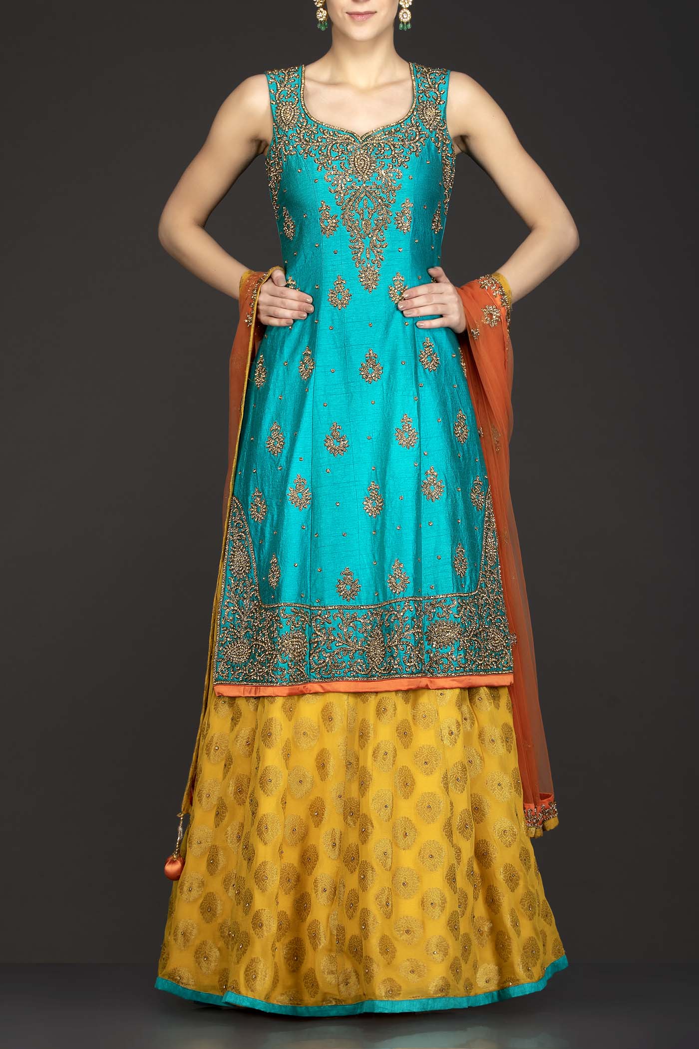 Dark Green Silk Long Kameez With Bootie Georgette Lehenga And Orange Net Dupatta
