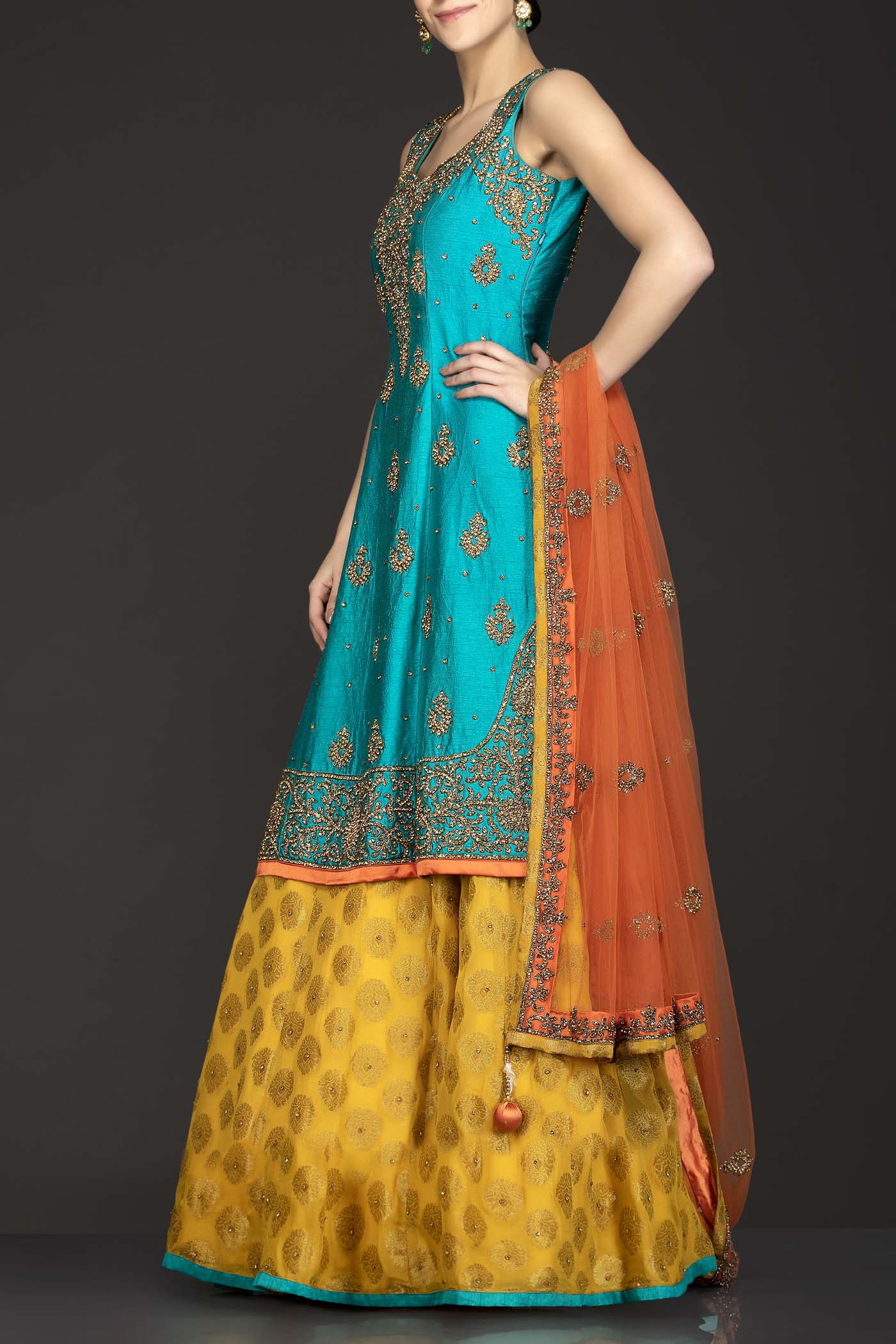 Dark Green Silk Long Kameez With Bootie Georgette Lehenga And Orange Net Dupatta