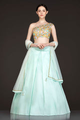 Multi Colour Sequins Embroidered One Shoulder Top and Silk Box Pleat Skirt