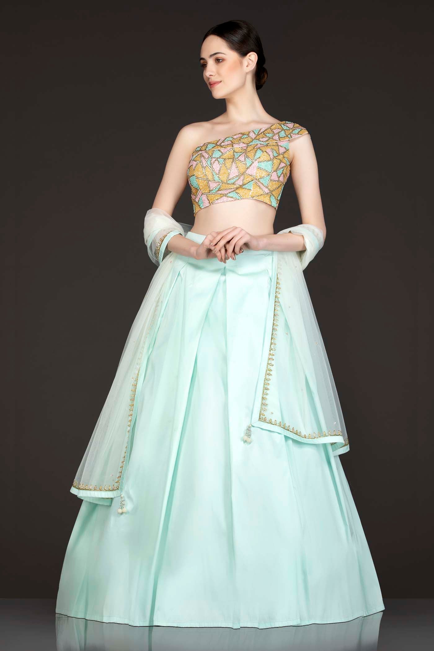 Multi Colour Sequins Embroidered One Shoulder Top and Silk Box Pleat Skirt