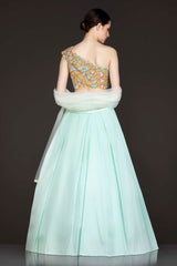 Multi Colour Sequins Embroidered One Shoulder Top and Silk Box Pleat Skirt