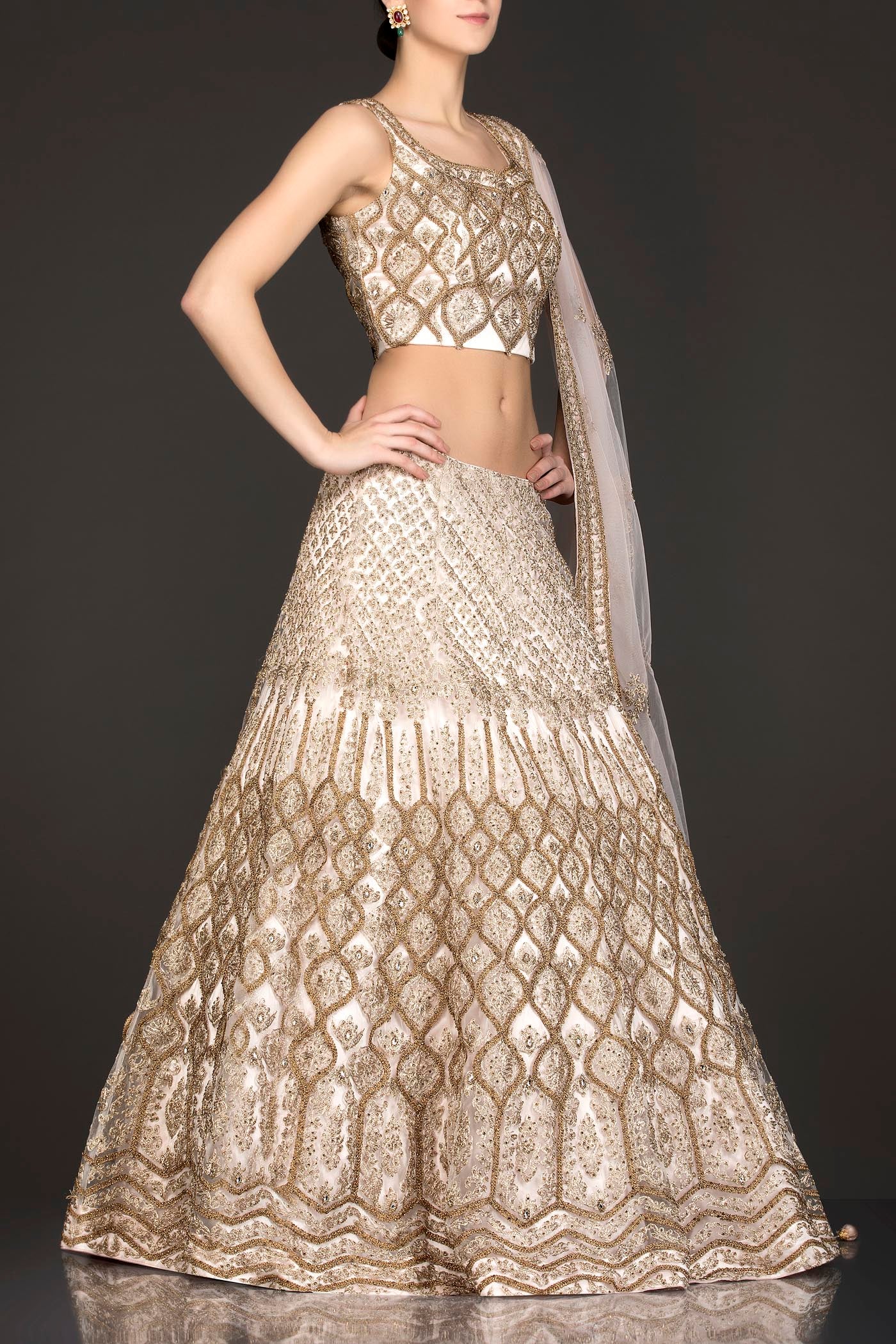 Nude Colour Net Lehenga Top Dupatta With Heavy Zari Embroidery