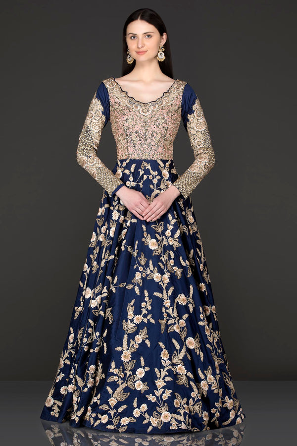 Navy Blue Colour Silk Anarkali/Gown With Sequence Top Part With Net Dupatta