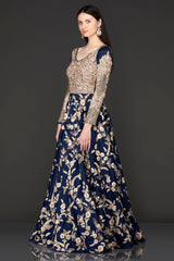 Navy Blue Colour Silk Anarkali/Gown With Sequence Top Part With Net Dupatta