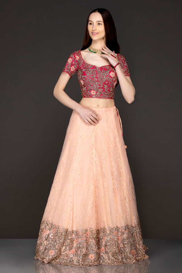 Fuchsia Pink Silk Top And Peach Organza Skirt With Lace Linning With Peach Net Dupatta