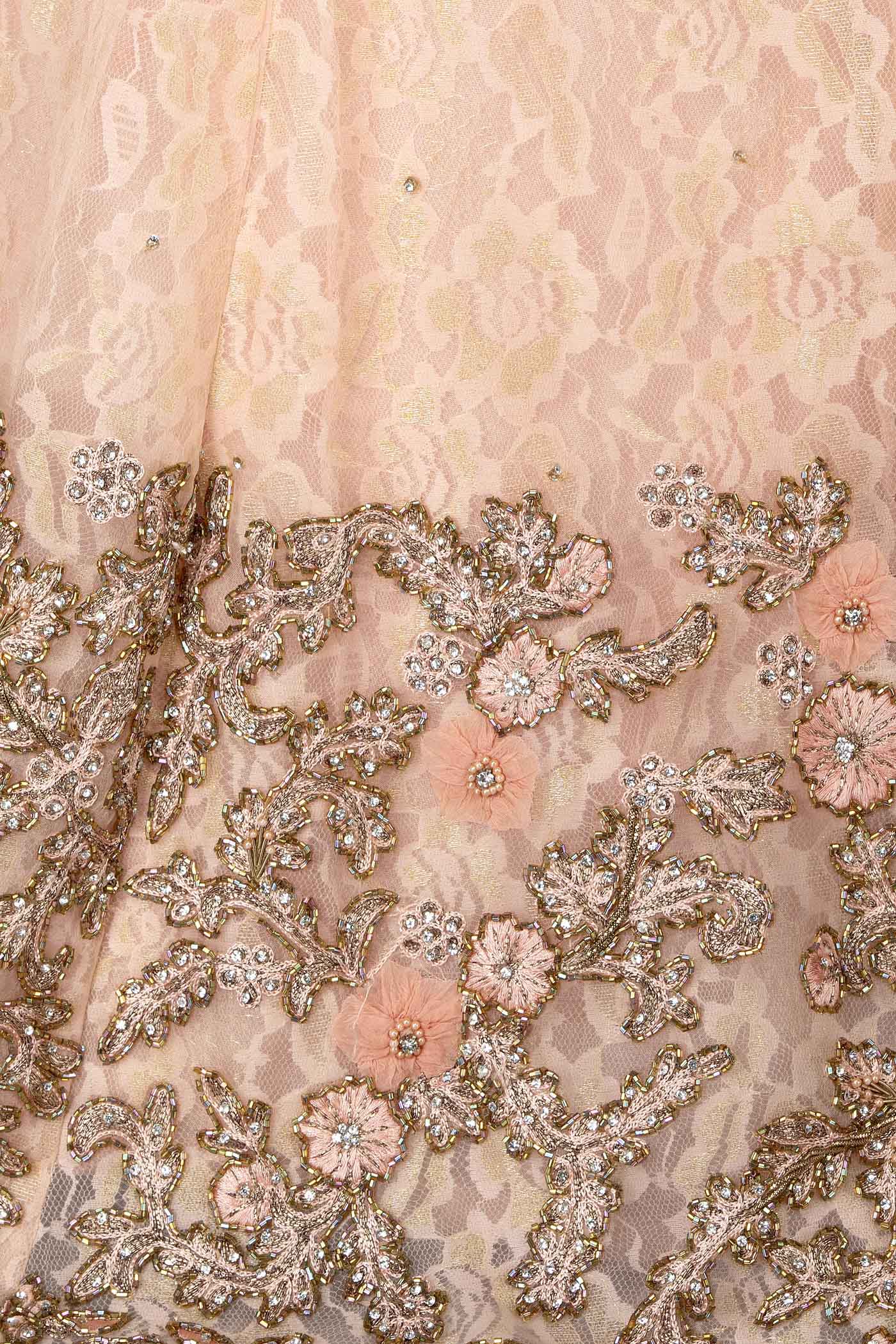 Fuchsia Pink Silk Top And Peach Organza Skirt With Lace Linning With Peach Net Dupatta