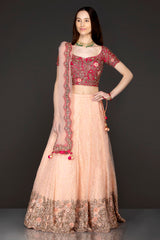 Fuchsia Pink Silk Top And Peach Organza Skirt With Lace Linning With Peach Net Dupatta