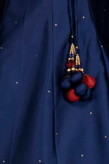 Maroon Silk Thread Work And Zari Embroidery Top With Royal Blue Silk Skirt And Maroon Net Dupatta