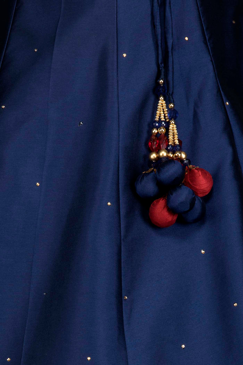 Maroon Silk Thread Work And Zari Embroidery Top With Royal Blue Silk Skirt And Maroon Net Dupatta