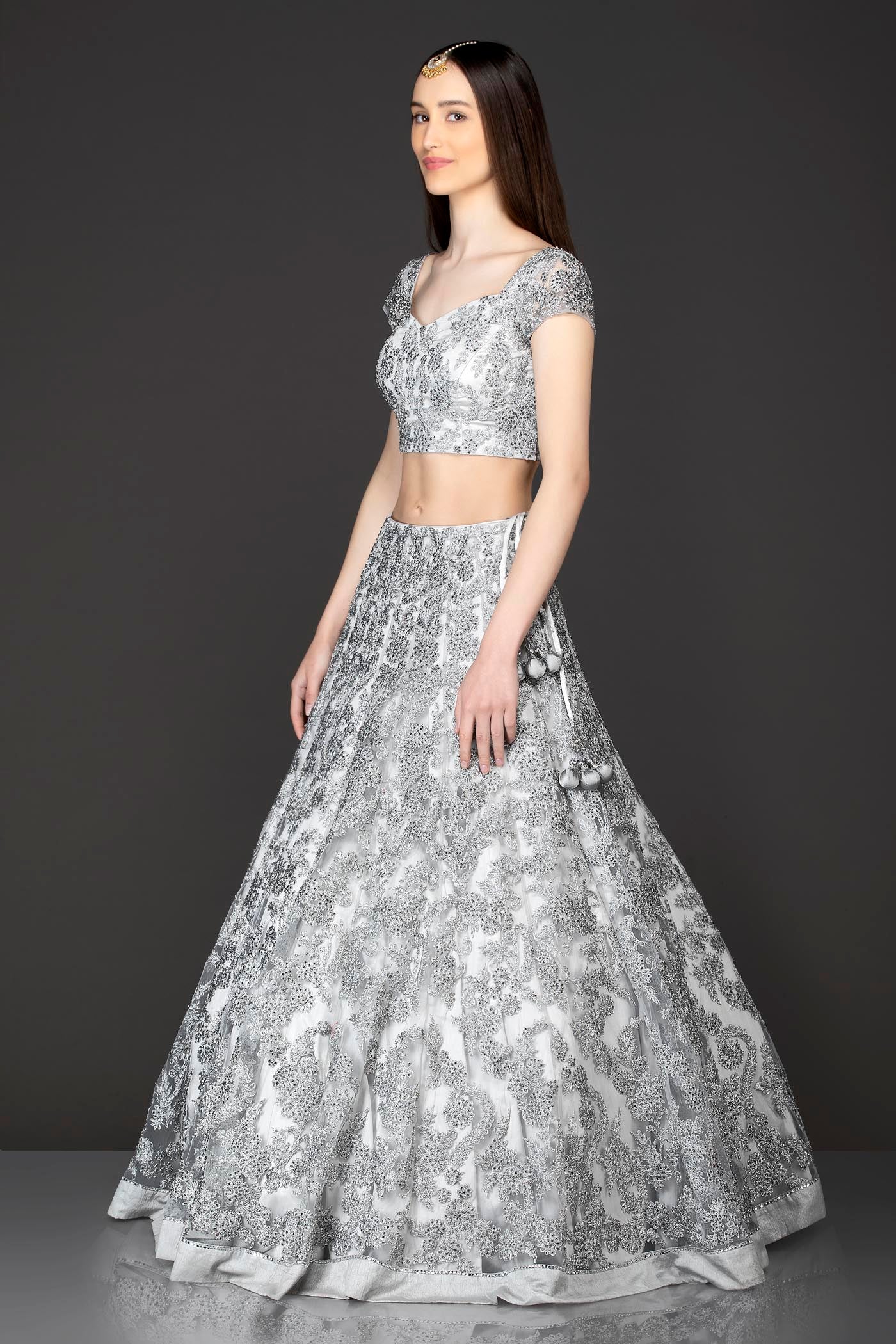 Grey Net Lehenga Skirt Top Dupatta