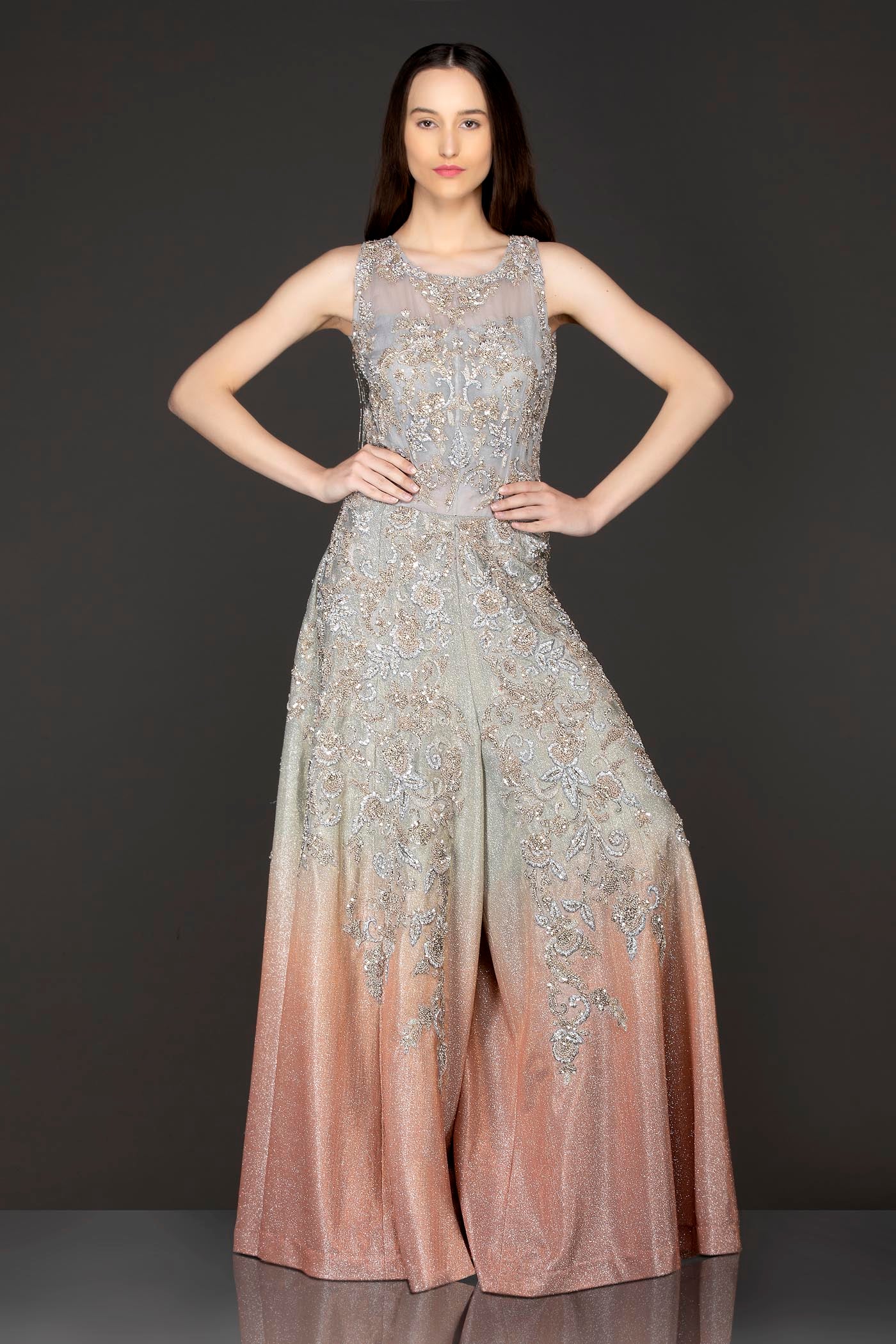 Grey To Dark Peach Ombre Sequence Jumpsuit Wih Silver Dabka And Stone Embroidery