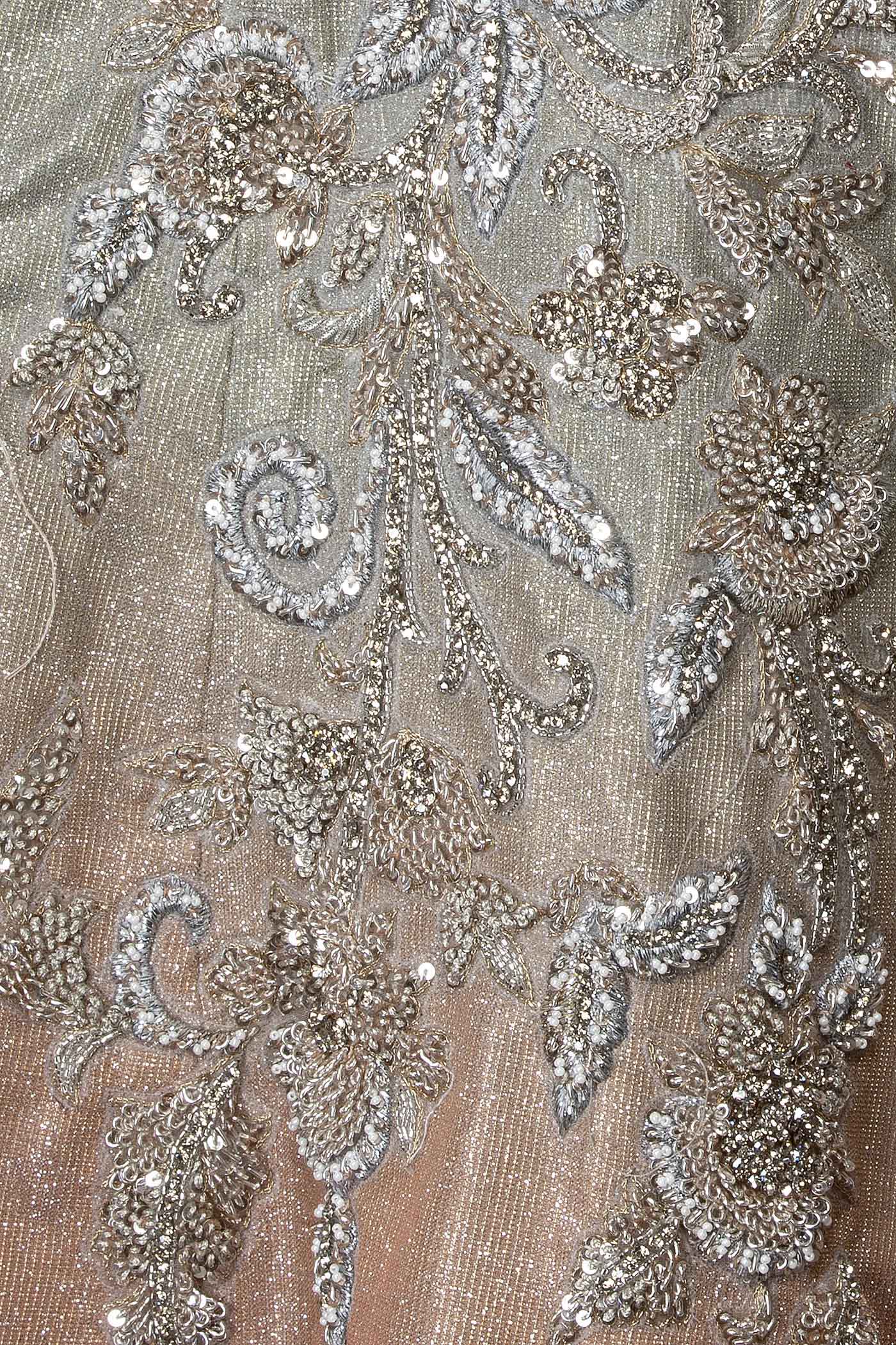 Grey To Dark Peach Ombre Sequence Jumpsuit Wih Silver Dabka And Stone Embroidery